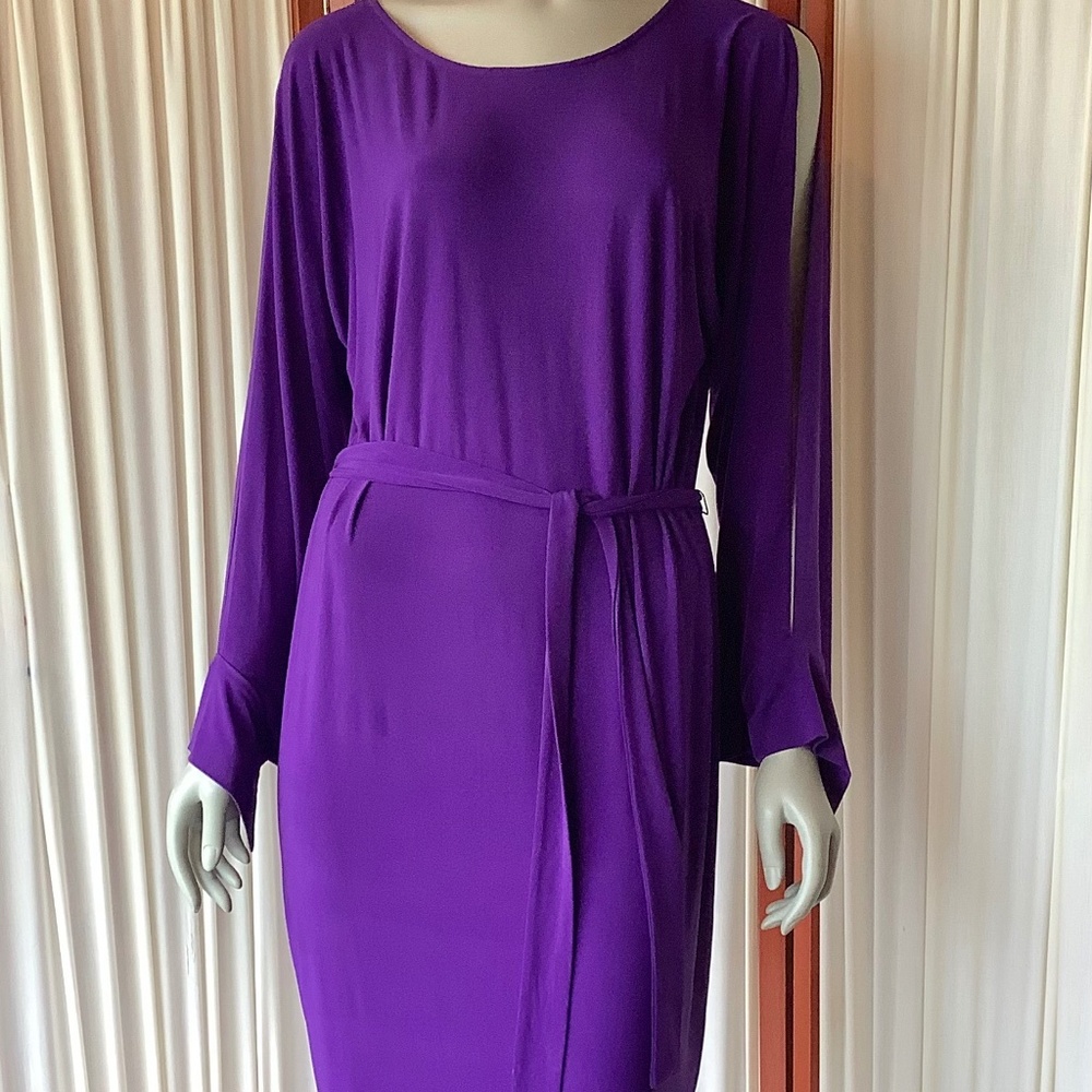 Vicky Tiel Dress Women's Large Purple Split Bell Sleeve Tie Waist Dress